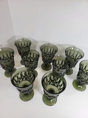 Set of 9(5 Water,4 Wine)1970s Mid Century Modern Avocado Green Pressed Glass Ste
